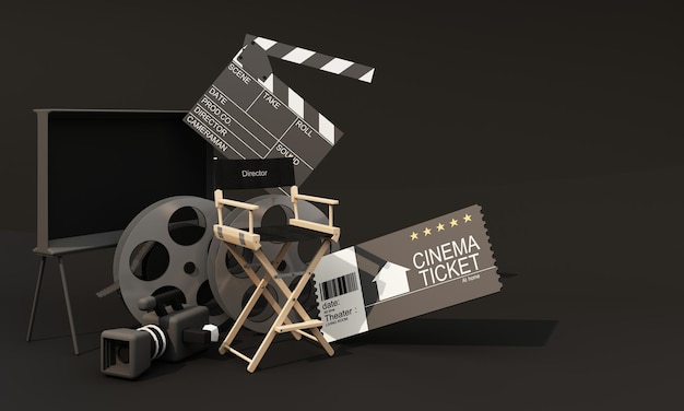 Concept film producer this includes the director\'s chair film\
reels monitors cinematographers movie tickets and filmmaking\
equipment and a discrete clapperboard on background 3d render