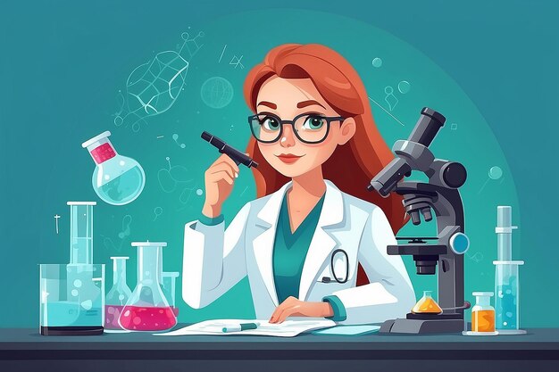 의학 실험실 전문가 여성 캐릭터 분석 연구를 하는 과학자 현미경으로  ⁇ 플을 테스트하는 개념 플래트 디자인