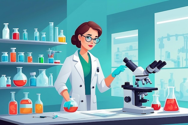 Concept flat design on medical laboratory expert female character working on analysis research scientist testing samples with microscope