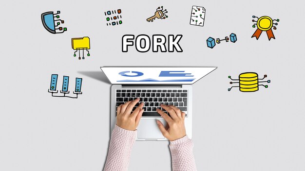 concept fork or changing the code of the coin and the algorithm of its blockchain operation with abstract icons.