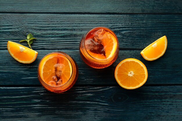 Concept of fresh alcohol drink Aperol Spritz top view