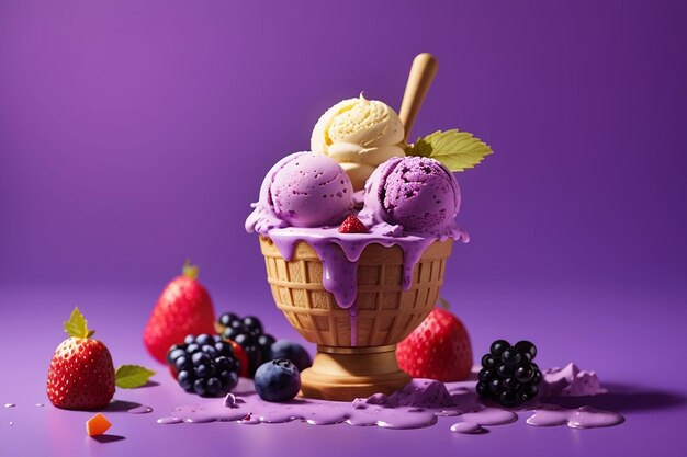 Concept of fruit ice cream on violet background