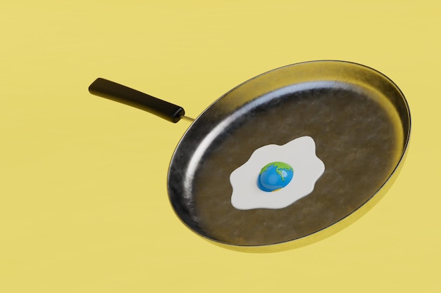 Photo the concept of frying eggs scrambled eggs with a yolk in the shape of a planet in a frying pan