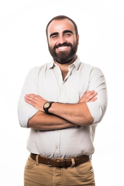 Foto concetto di sorriso divertente e uomo con le braccia incrociate isolato su sfondo bianco in uno studio creato con ai generativa