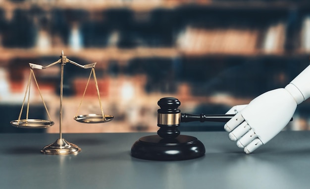 Концепция будущего и справедливой системы правосудия с помощью роботизированного молотка Equilibrium