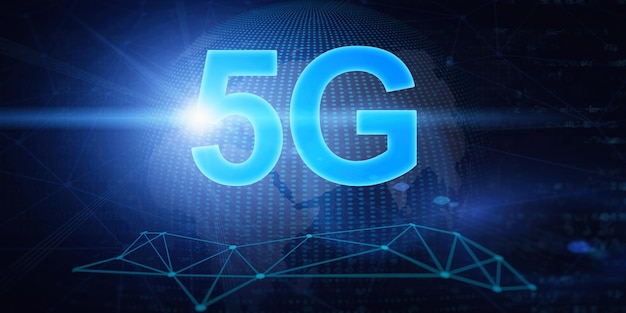 将来の技術 5 G ネットワーク システムとインターネットの 3 d イラストレーションの概念