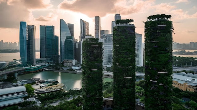 The concept of a futuristic cityscape filled with skyscrapers and lush green parks