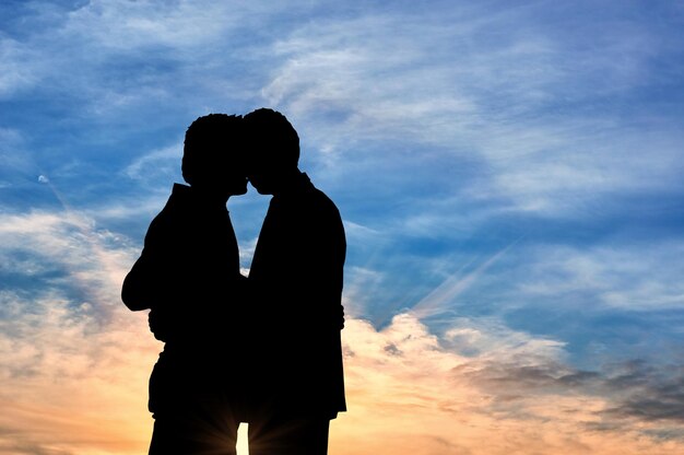 Concept of gay people. Silhouette happy gay kissing against the evening sky