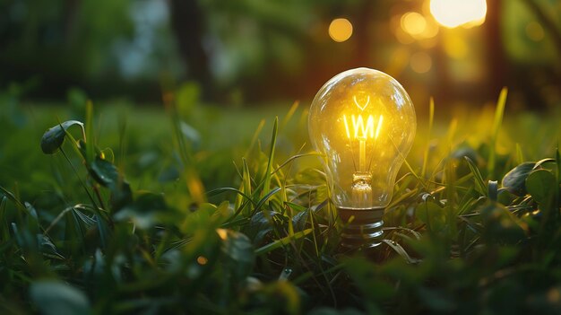 Concept of getting ideas that are environmental friendly Light bulb covered in grass