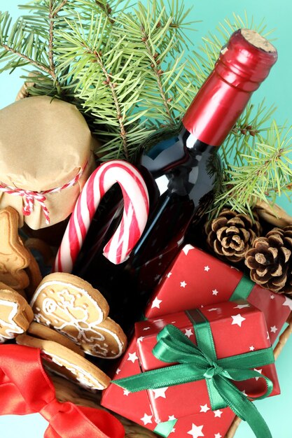 concept of gift with christmas basket, close up