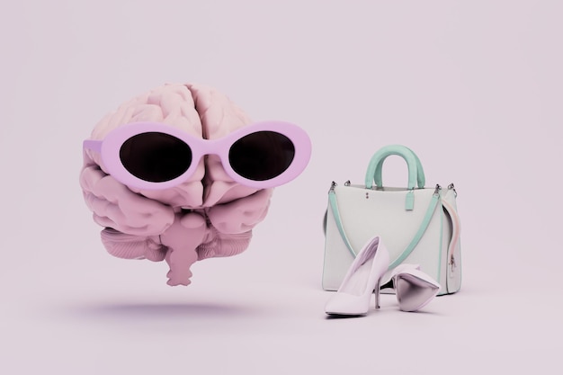 The concept of a glamorous life a brain in glasses a handbag and heels on a pastel background