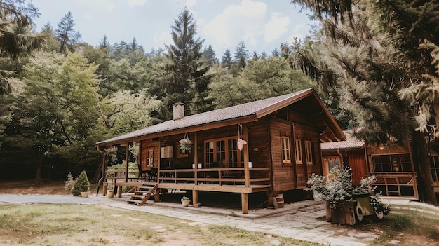 Photo the concept of glamping wooden house with a veranda in nature around coniferous trees generative ai