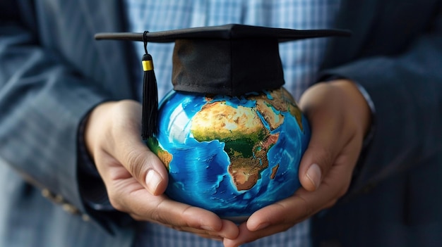 Foto un concetto di istruzione globale rappresentato da un tappo di laurea posto su un globo