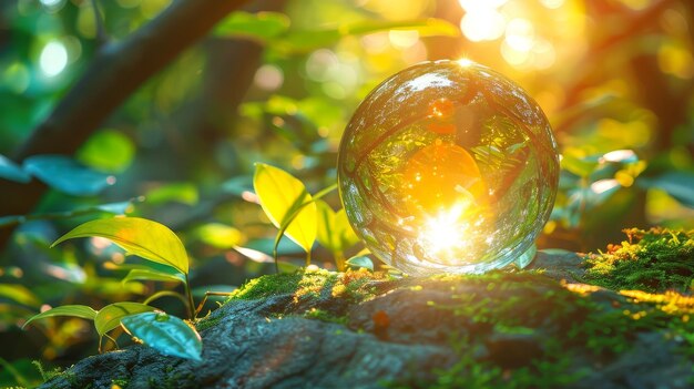 The concept of a globe glass in a green forest with sunlight is a great example of environmental awareness