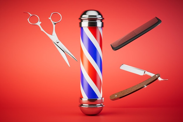 The concept of going to the barbershop Barbershop emblem razor comb and scissors 3D render