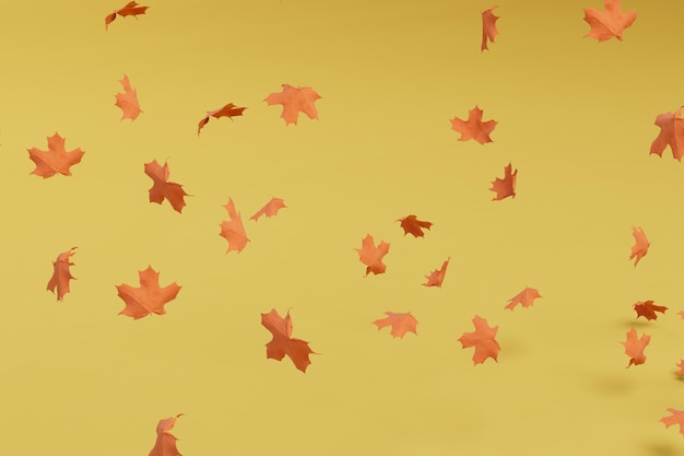 The concept of golden autumn leaf fall abstract background from flying colorful leaves 3d render