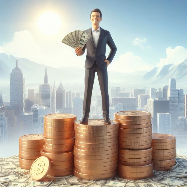良い収入の概念 男性はコインの山の上に立って ドルを手に持っています