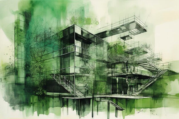 The concept of green architecture industrial materials Barbizon school balanced composition modern