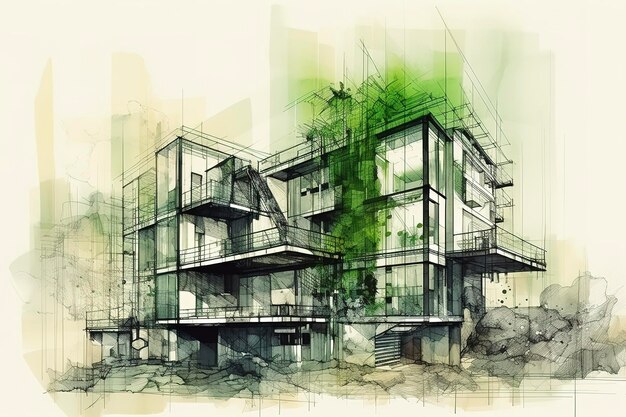 The concept of green architecture industrial materials Barbizon school balanced composition