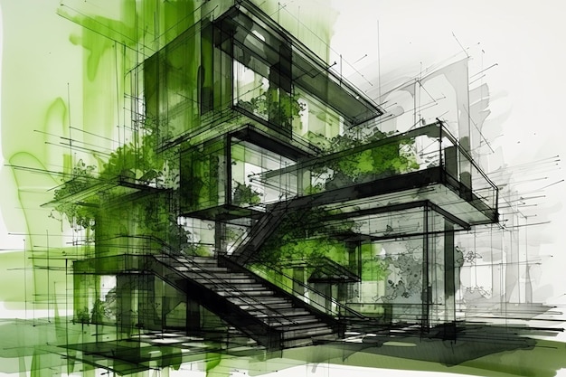 The concept of green architecture industrial materials Barbizon school balanced composition