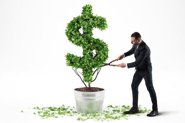 Концепция зеленой экономики. Бизнесмен косит растение в форме символа доллара. 3D-рендеринг.
