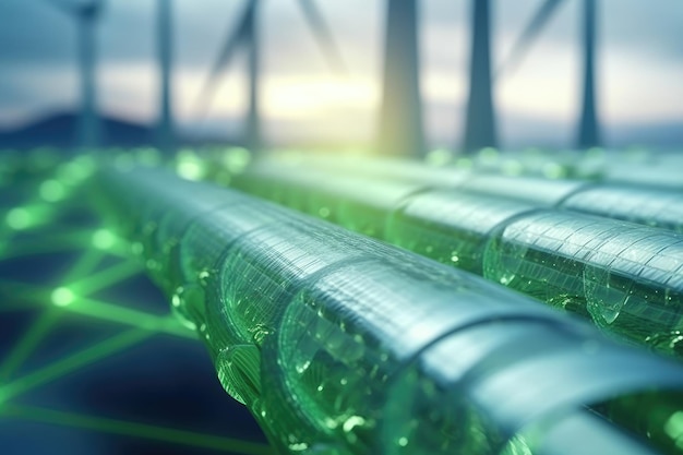 The concept of green hydrogen production with a close up shot of a hydrogen pipeline in the foreground and wind turbines in the background generative ai