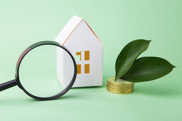 Photo concept of green tax credit little house with coins near it and green leafs