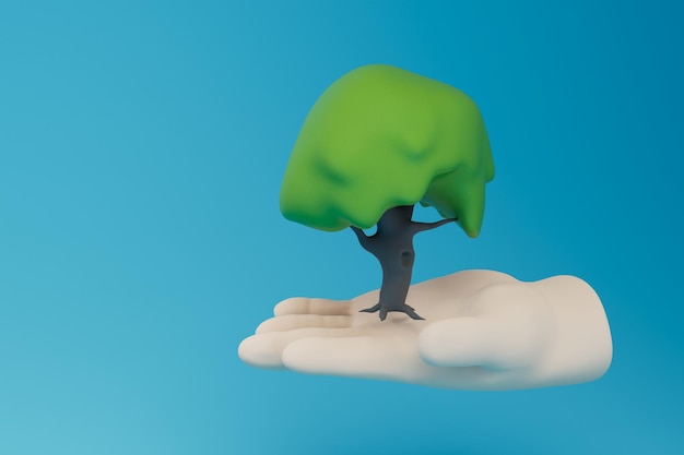 파란색 배경 3D 렌더에 녹색 나무가 있는 손으로 행성을 녹화하는 개념
