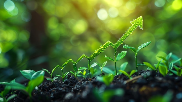 concept of growth and progress with young plants sprouting from the soil and forming an upward arrow