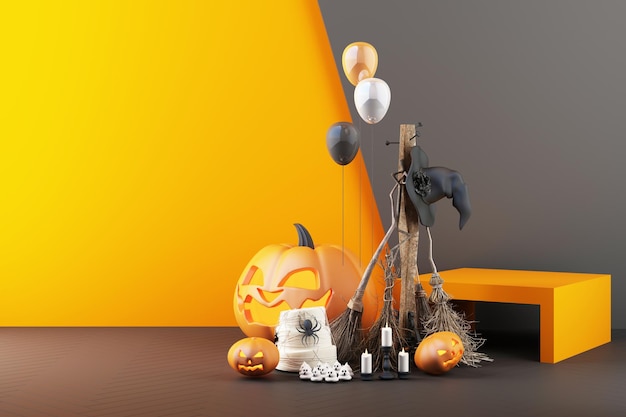 Photo concept of halloween ghost pumpkin head and product stand composition on black and orange color pattern background 3d rendering illustration