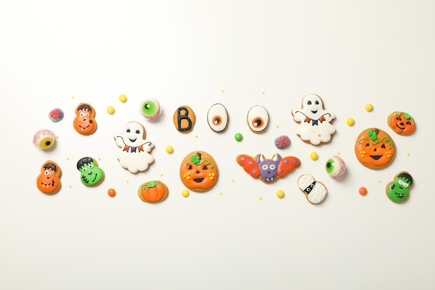 Concept of Halloween sweets funny sweets top view