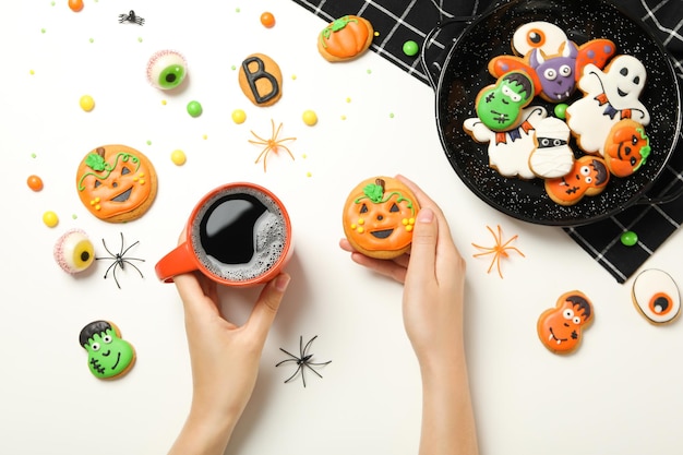 Concept of Halloween sweets funny sweets top view