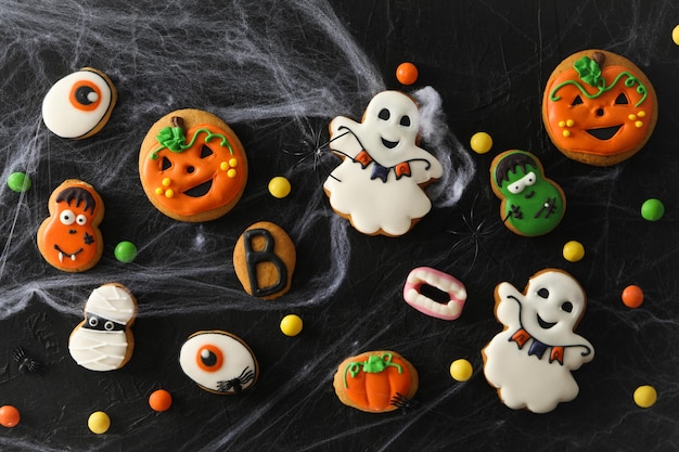 Concept of Halloween sweets funny sweets top view