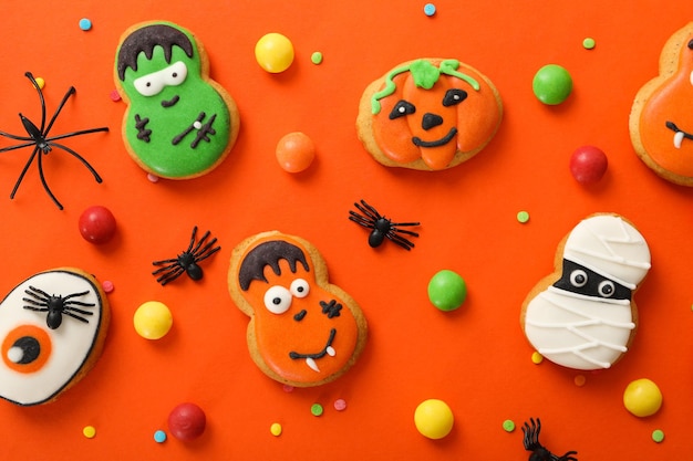 Concept of Halloween sweets funny sweets top view