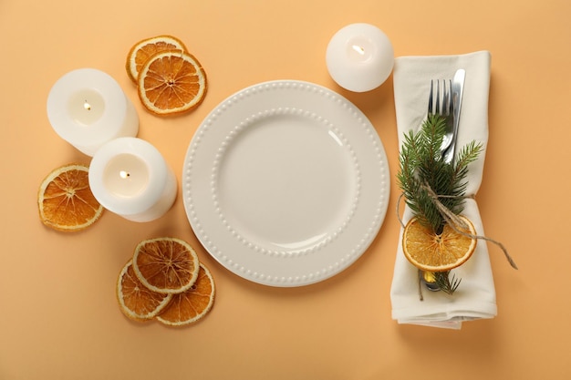 Concept of Happy New Year Christmas table setting top view