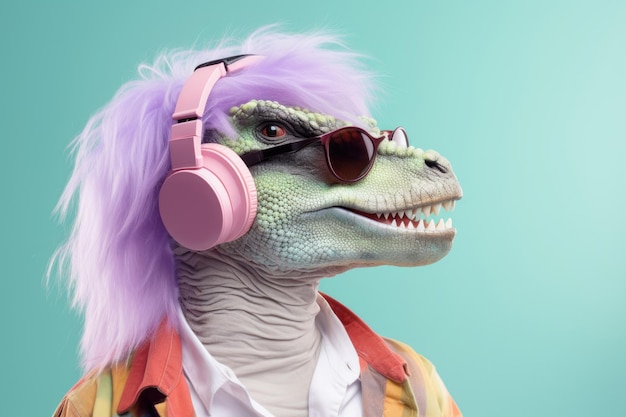 Concept of happy old age Old lady dinosaur wearing glasses with headphones and purple hair