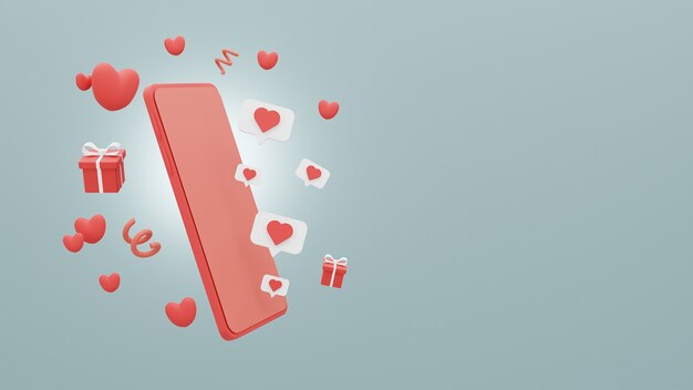 Concept Happy Valentine's Day van smartphone en geschenkdoos met hartjes op blauwe achtergrond. 3D-weergave