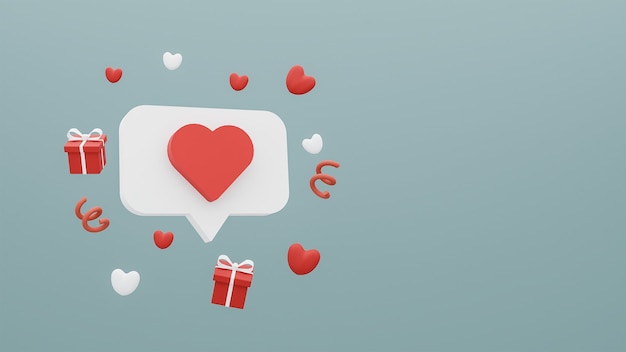 Concept Happy Valentine's Day van social media icoon en geschenkdoos met hartjes op blauwe achtergrond. 3D-weergave