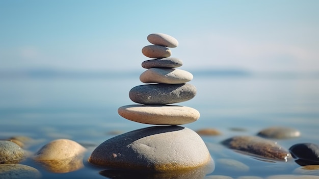 Photo concept of harmony and balance balance stones against the sea created with generative ai technology