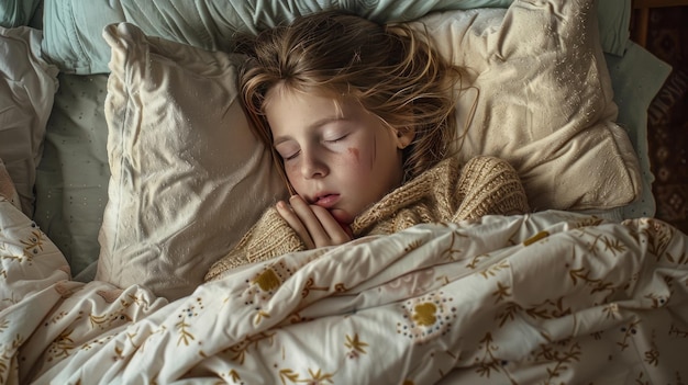 Photo the concept of health children and people is depicted by a sick girl coughing and lying in bed at