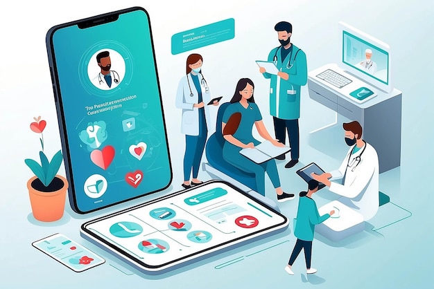 スマートフォンのヘルスケアアプリのコンセプト 専門医療チームのベクトル 医療相談をする患者とオンラインで接続