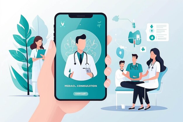 スマートフォンのヘルスケアアプリのコンセプト 専門医療チームのベクトル 医療相談をする患者とオンラインで接続