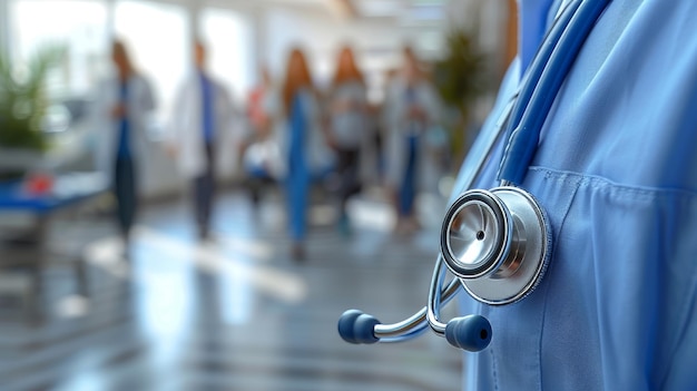 The concept of healthcare and medical treatment A stethoscope in the hand of a doctor and patients entering a hospital