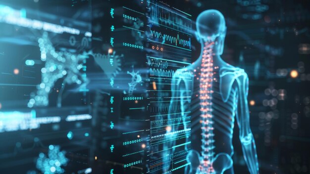 The concept of healthcare technology digital xrays of the spine ribs and DNA of a human