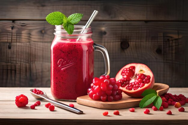 concept of healthy eating yogurt with pomegranate on a wooden table