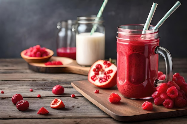 concept of healthy eating yogurt with pomegranate on a wooden table