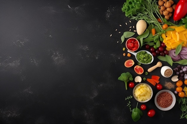 The concept of healthy food set up on dark stone background