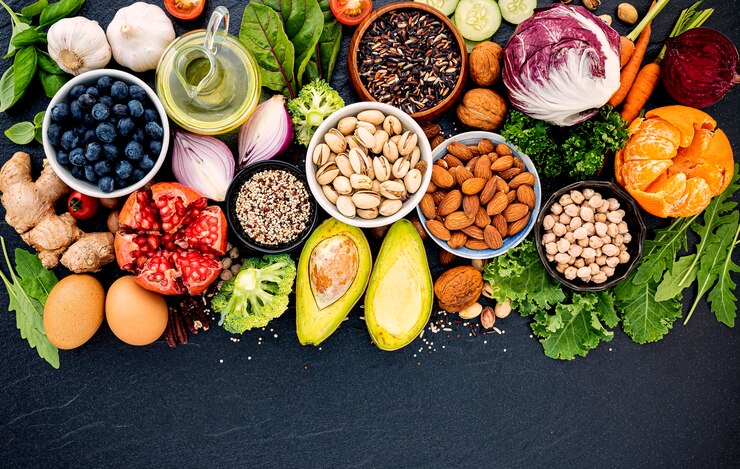 Photo  concept of healthy food set up on dark stone .