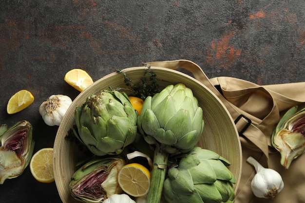 Concept of healthy food with artichoke top view