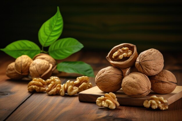 Concept of healthy food with walnuts on wooden background